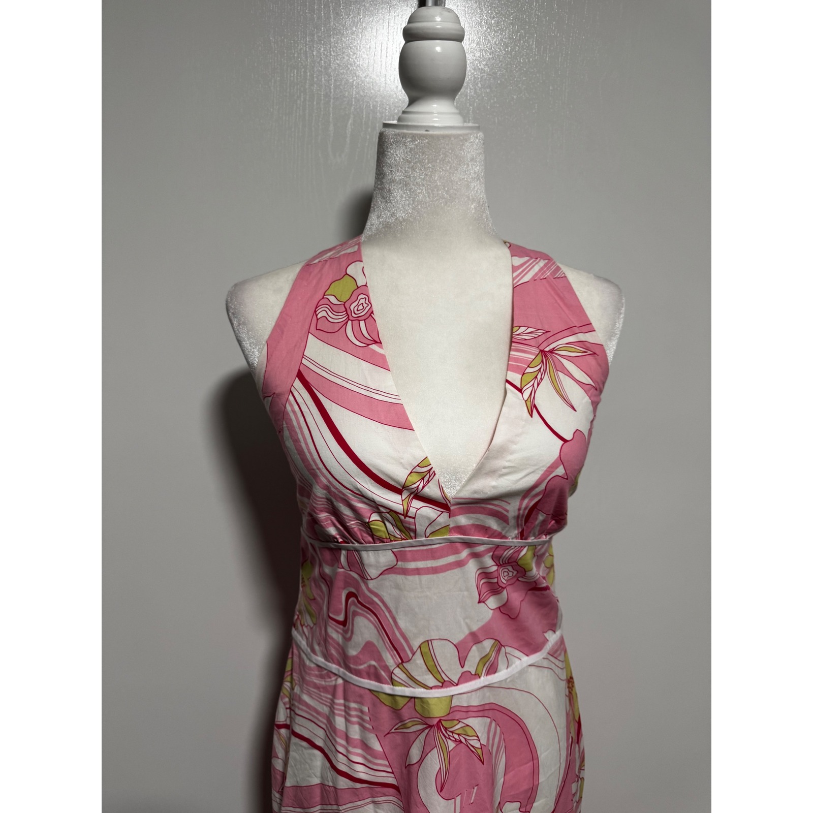 Pink Floral Psychedelic Swirl Halter Midi Dress V-Neck Empire Waist Summer Boho — image 2 of 4